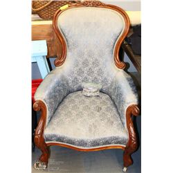 VICTORIAN UPHOLSTERED LADIES ARM CHAIR WITH CARVED