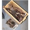 Image 1 : WOODEN BOX WITH ANTIQUE TOOLS INCL 3 DRILLS,PLANES