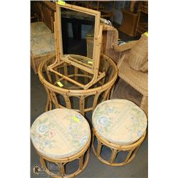 BAMBOO ROUND GLASSTOP TABLE WITH 2 STOOLS AND