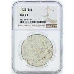 1922 $1 Peace Silver Dollar Coin NGC MS63