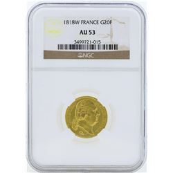 1818W France 20 Francs Gold Coin NGC AU53