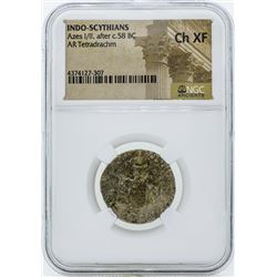 58 BC Indo Scythians Azes I/II AR Tetradrachm Coin NGC Ch XF