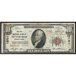 1929 $10 The Pitt National Bank of Pittsburgh PA National Currency Note