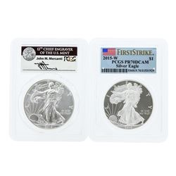 Lot of (2) 2015-W & 2016 $1 American Silver Eagle Coins PCGS MS70 & PR70DCAM