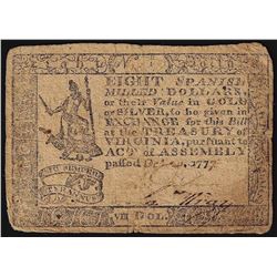 1777 Virginia $8 Spanish Milled Dollars Colonial Currency Note