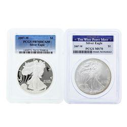 Lot of (2) 2007-W $1 American Silver Eagle Coins PCGS MS70 & PR70DCAM