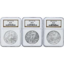 Lot of (3) 2005-2007 $1 American Silver Eagle Coins PCGS MS69