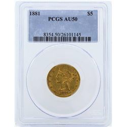 1881 $5 Liberty Head Half Eagle Gold Coin PCGS AU50