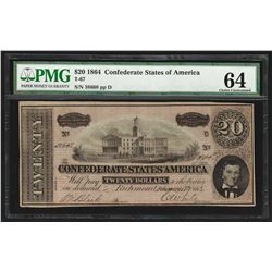 1864 $20 The Confederate States of America Note T-67 PMG Choice Uncirculated 64