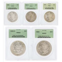 Set of (5) $1 Morgan Silver Dollar Coins PCGS MS63 Green Holders