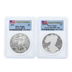 Lot of (2) 2010 $1 American Silver Eagle Coins PCGS MS70 & PR70DCAM