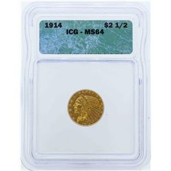 1914 $2 1/2 Indian Head Quarter Eagle Gold Coin ICG MS64