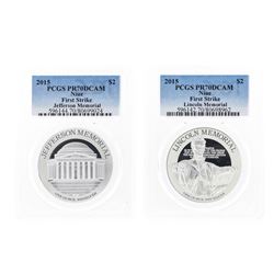 Set of (2) 2015 $2 Niue Jefferson & Lincoln Memorial Silver Proof Coins PCGS PR7