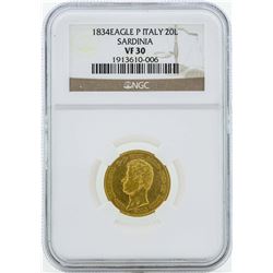1834 Eagle Italy 20 Lire Sardinia Gold Coin NGC VF30