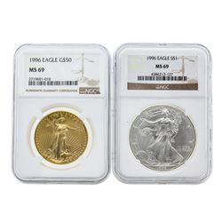 1996 $50 American Gold Eagle & 1996 $1 American Silver Eagle Coins NGC MS69