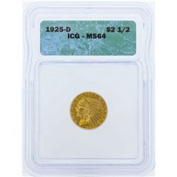 1925-D $2 1/2 Indian Head Quarter Eagle Gold Coin ICG MS64