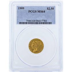 1909 $2 1/2 Indian Head Quarter Eagle Gold Coin PCGS MS64