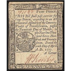 April 10, 1777 Four Pence Pennsylvania Colonial Currency Note