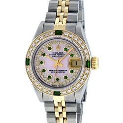 Rolex Ladies Two Tone 14KT Yellow Gold Emerald and Diamond Datejust Wristwatch