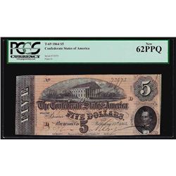 1864 $5 The Confederate States of America Note T-69 PCGS New 62PPQ