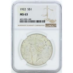 1922 $1 Peace Silver Dollar Coin NGC MS63
