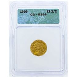 1909 $2 1/2 Indian Head Quarter Eagle Gold Coin ICG MS64