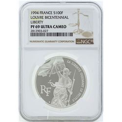 1994 France 100 Francs Louvre Bicentennial Silver Coin NGC PF69 Ultra Cameo