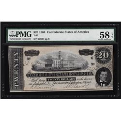 1864 $20 Confederate States of America Note PMG Choice About Uncirculated 58EPQ