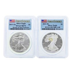 Lot of (2) 2011 $1 American Silver Eagle Coins PCGS MS70 & PR70DCAM
