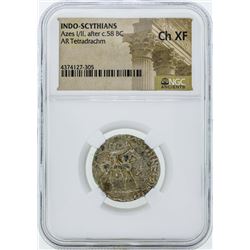 58 BC Indo Scythians Azes I/II AR Tetradrachm Coin NGC Ch XF