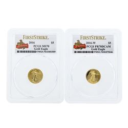 Set of (2) 2016 $5 American Gold Eagle Coins PCGS MS70 & PR70DCAM