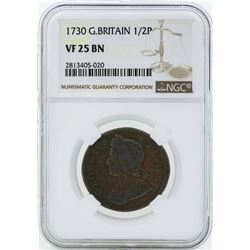 1730 Great Britain 1/2 Penny Coin NGC VF25BN