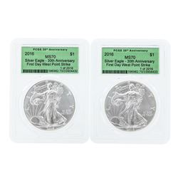 Lot of (2) 2016 $1 American Silver Eagle Coins PCGS MS70