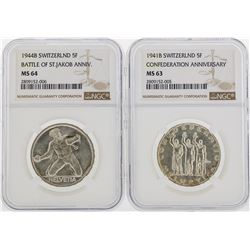 Lot of (2) 1941B & 1944B Switzerland 5 Franc Commemorative Silver Coins NGC Grad