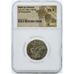 58 BC Indo Scythians Azes I/II AR Tetradrachm Coin NGC Ch F