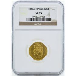 1840A France 20 Francs Gold Coin NGC VF35
