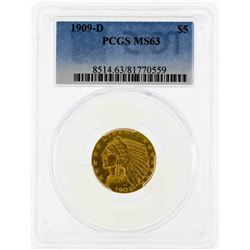 1909-D $5 Indian Head Half Eagle Gold Coin PCGS MS63