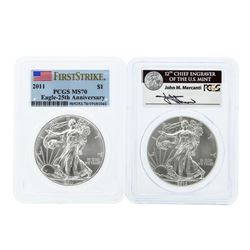 Set of 2011-2012 $1 American Silver Eagle Coins PCGS MS70