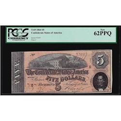 1864 $5 The Confederate States of America Note T-69 PCGS New 62PPQ