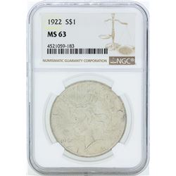 1922 $1 Peace Silver Dollar Coin NGC MS63