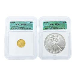 2004 $5 American Gold Eagle & 2004 $1 American Silver Eagle Coins ICG MS70