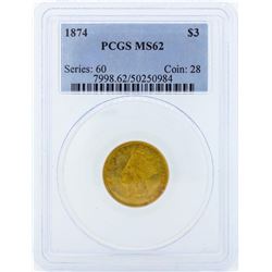 1874 $3 Indian Princess Head Gold Coin PCGS MS62