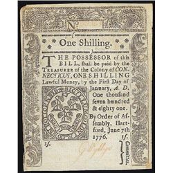 June 7, 1776 One Shilling Connecticut Colonial Currency Note