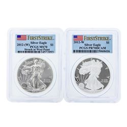 Lot of (2) 2012 $1 American Silver Eagle Coins PCGS MS70 & PR70DCAM