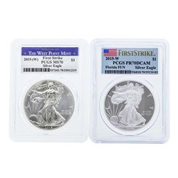 Lot of (2) 2015-W $1 American Silver Eagle Coins PCGS MS70 & PR70DCAM
