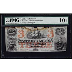 March 1, 1863 $3 State of Florida Tallahassee Obsolete Bank Note PMG VG10 Net