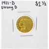 Image 1 : 1911 Strong D $2 1/2 Indian Head Quarter Eagle Gold Coin
