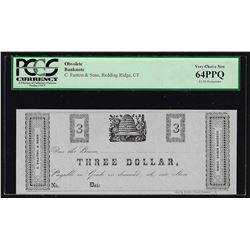 1800's $3 C. Fanton & Sons Redding Ridge, CT Obsolete Note PCGS Very Choice New