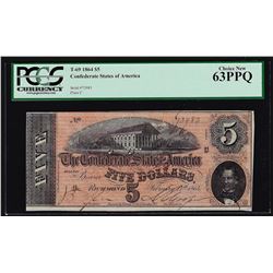 1864 $5 Confederate States of America Note PCGS Choice New 63PPQ
