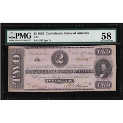 1862 $2 Confederate States of America Note PMG Choice AU58
